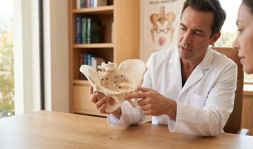 surgeon pointing to pelvis model discussing surgery
