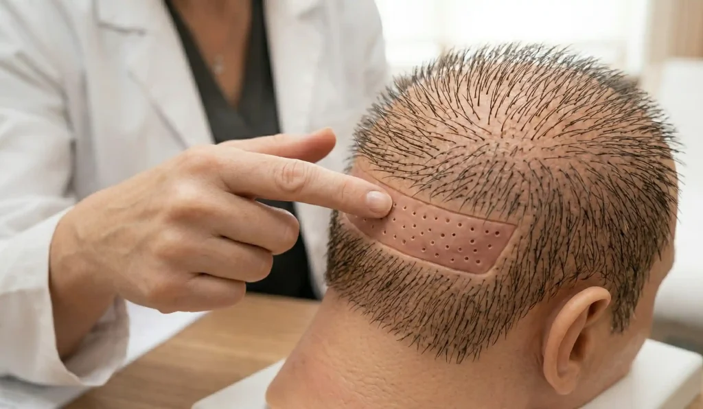 3D-Modell zur Erklärung der Haarfollikelentnahme im Spenderbereich