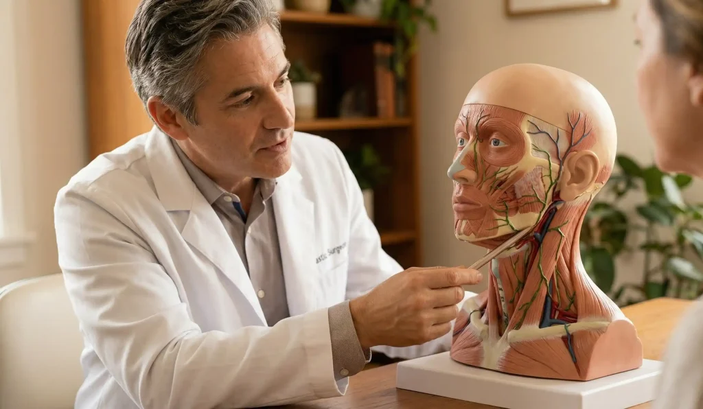 modello anatomico 3D che spiega l'elevazione della testa nel lifting