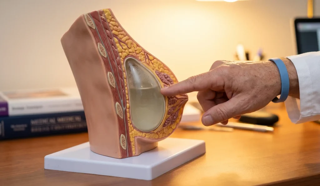 modello anatomico 3d che punta alla posizione dell'impianto mammario salino