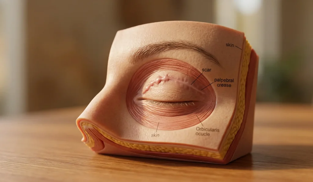 Anatomisches Modell des Blepharoplastik-Narbenglättungsprozesses