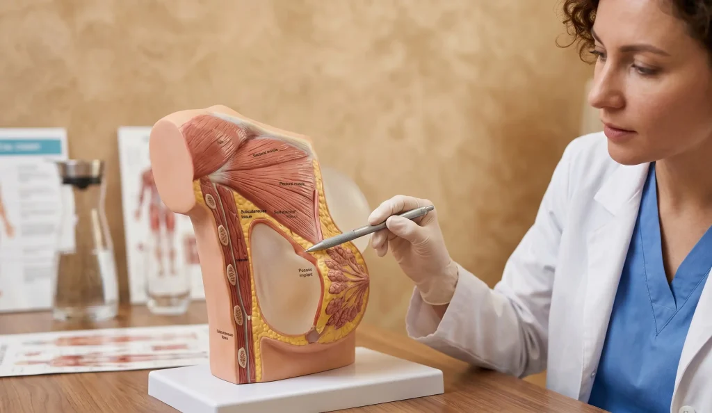 anatomisches Modell verschobenes Brustimplantat Arzt zeigt