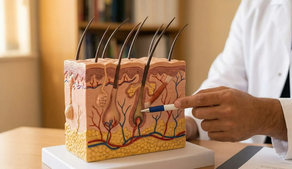 anatomisches Modell Querschnitt Kopfhaut Follikelstruktur vaskuläres Netzwerk
