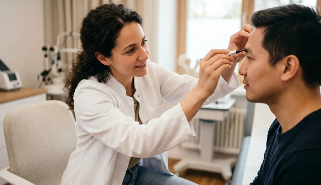 Klinische Untersuchung Arzt Patient Augenbrauen