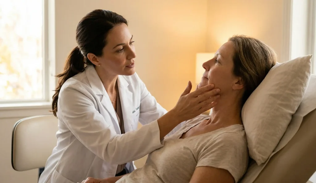klinische Untersuchung Kopfhebung Facelift Patient Arzt