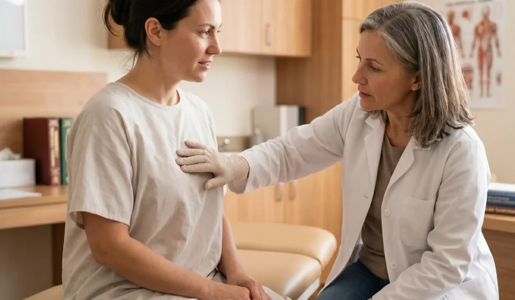 clinical doctor examining female patient chest tissue consultation