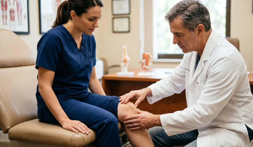 examinare clinică medic marcând liposucția genunchiului