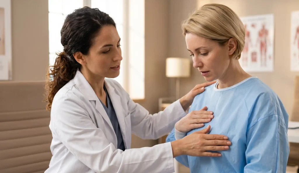 Kosmetischer Chirurg untersucht Brustgewebe des Patienten