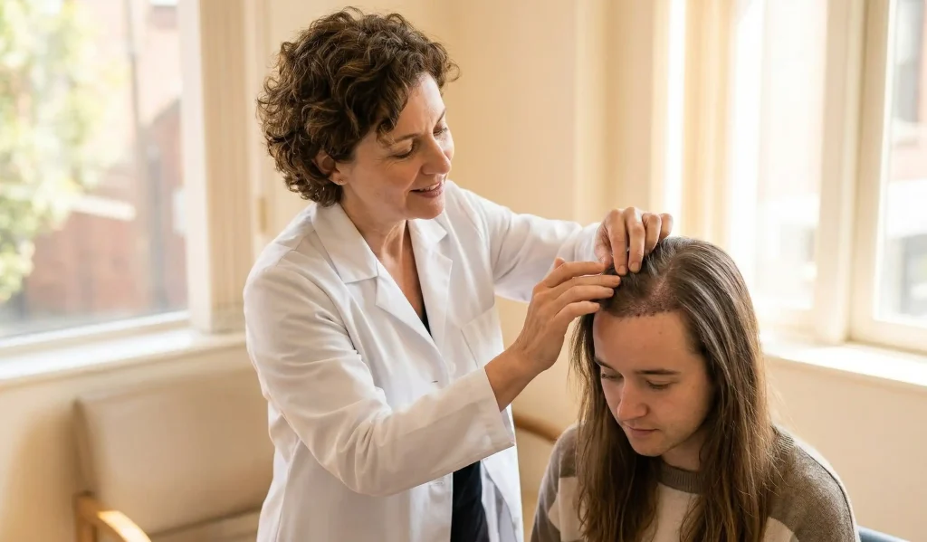 Arzt Dermatologe überprüft Haartransplantat-Transplantate auf Kopfhaut