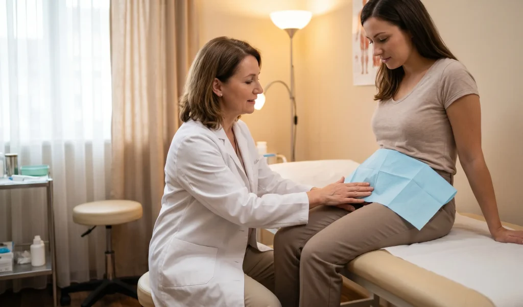 Arzt untersucht den Bereich der Patientin während der Beratung