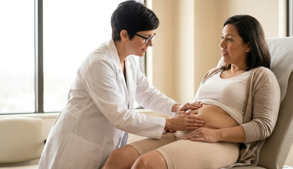 doctor examining postoperative abdominal healing