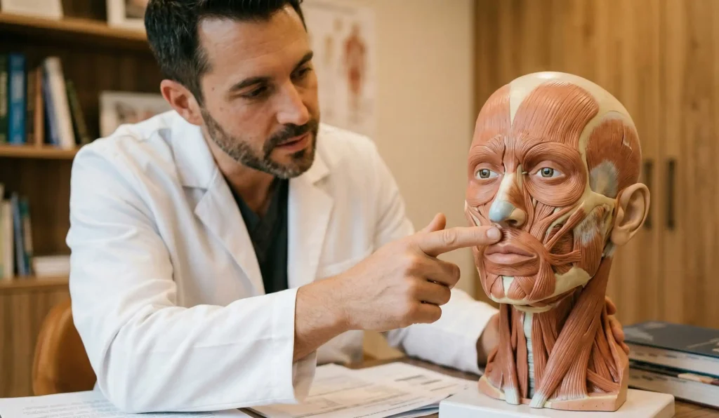 model 3D al ridicării buzelor, medic explicând anatomia