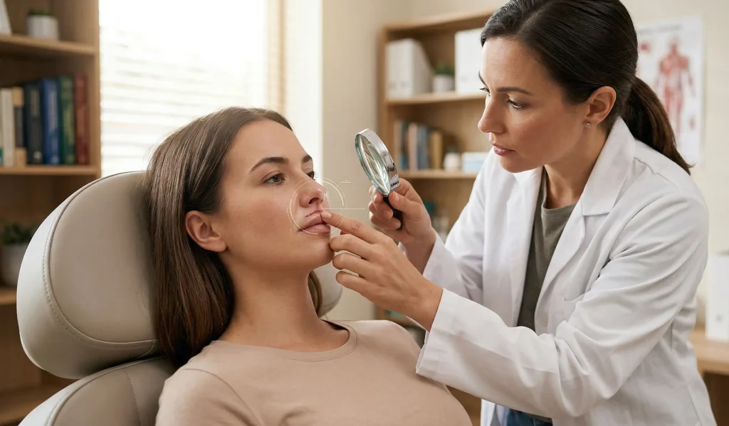 dudak kaldırma kliniği doktoru yara izi inceliyor