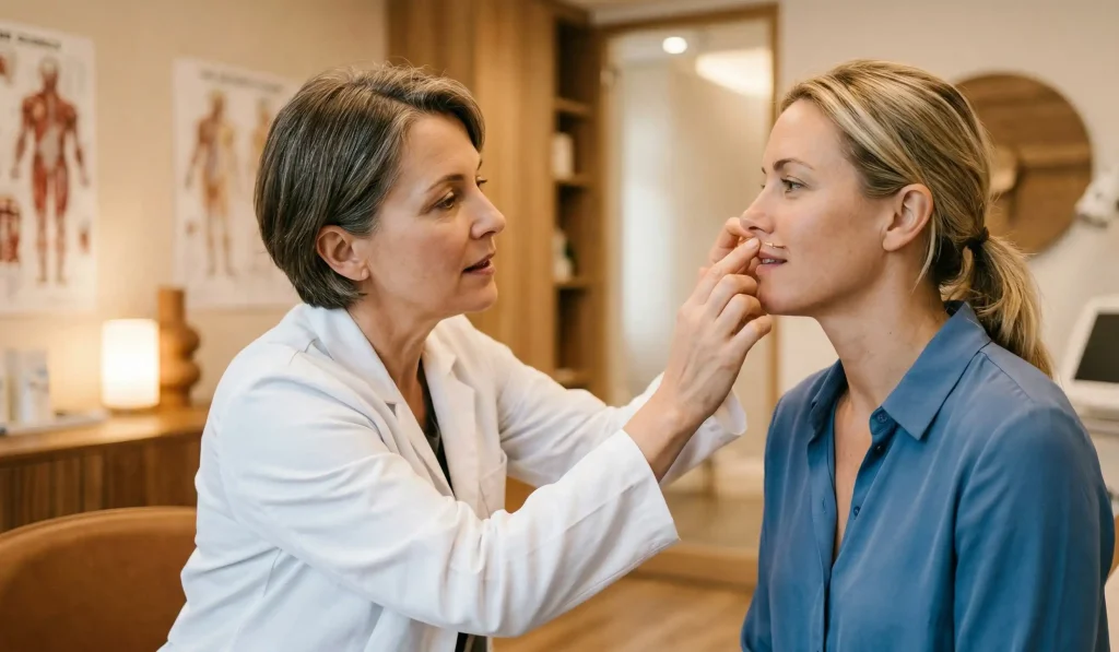 consultație de ridicare a buzelor, medic examinând pacientul