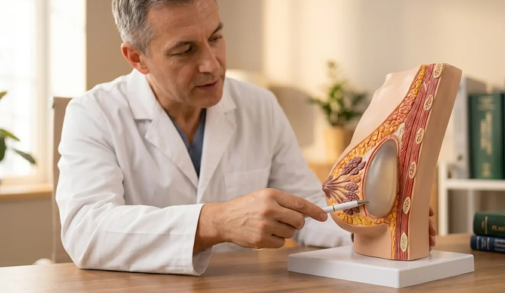 medizinische Illustration, die auf die Anatomie des Brustimplantats zeigt