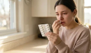 woman after rhinoplasty with allergy symptoms holding antihistamine pill box