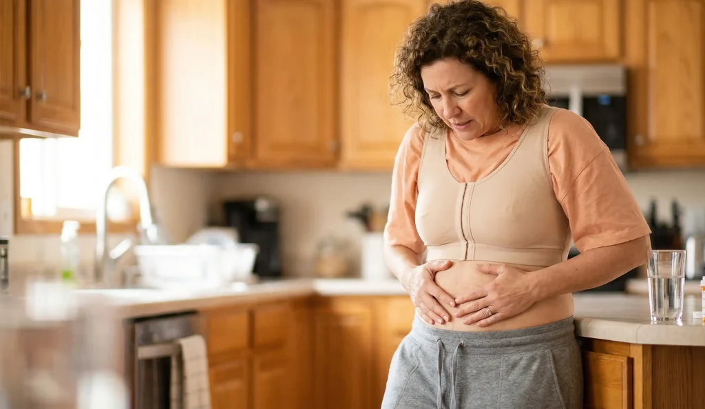 donna che si riprende dalla giornata difficile dopo la tummy tuck