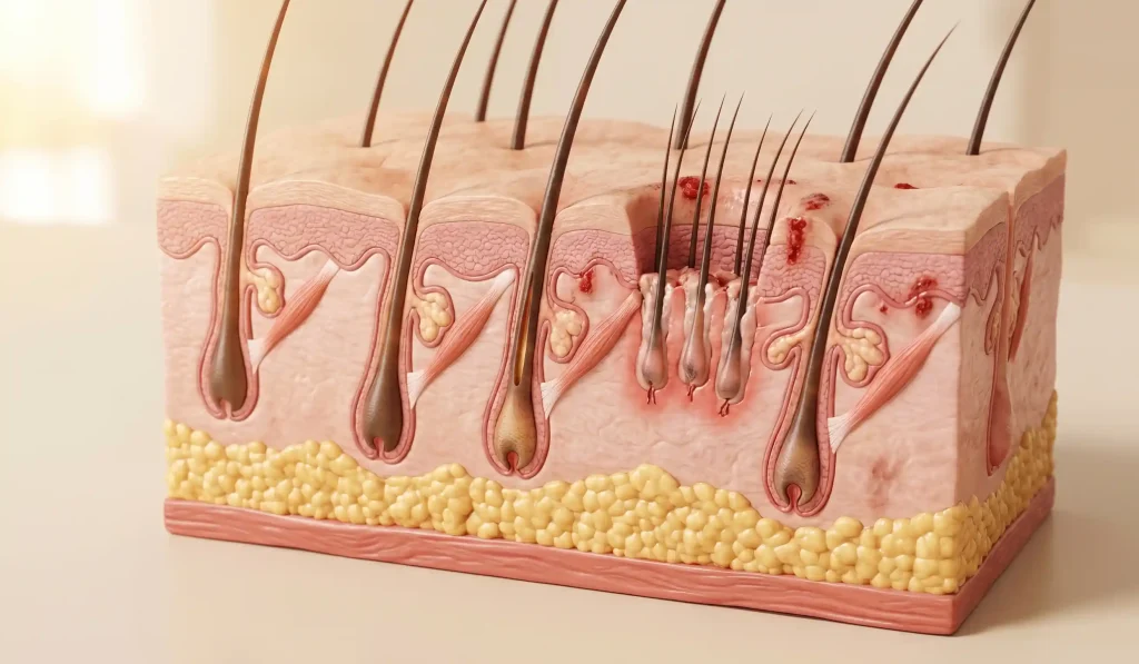 model anatomic secțiune transversală a scalpului cu transplant de păr