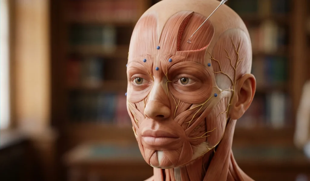 Yüz kaslarının anatomik modeli ve botoks enjeksiyon noktaları