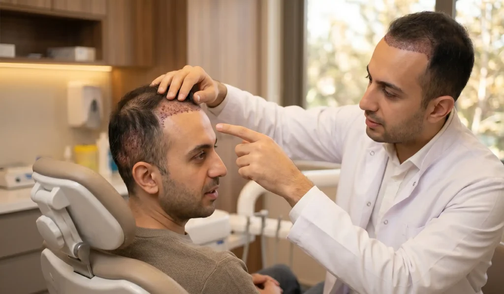 doctor verificând și indicând spre scalpul cu transplant de păr