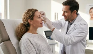 doctor checking patient face exam room realistic