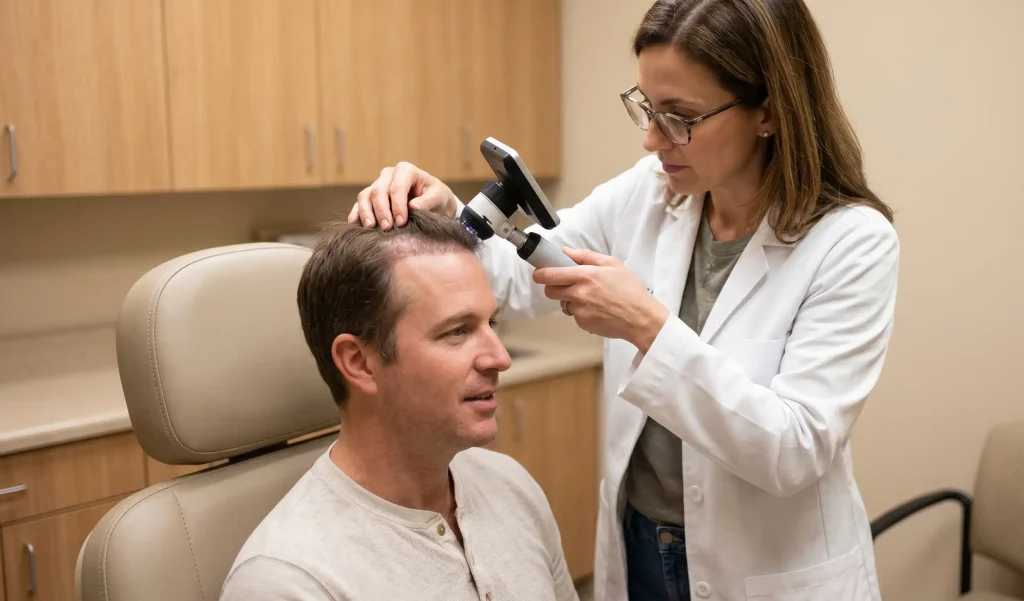 Arzt überprüft den Zustand der Haartransplantation des Patienten