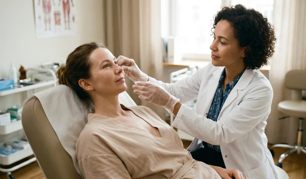 doctor examining crow feet after botox injection