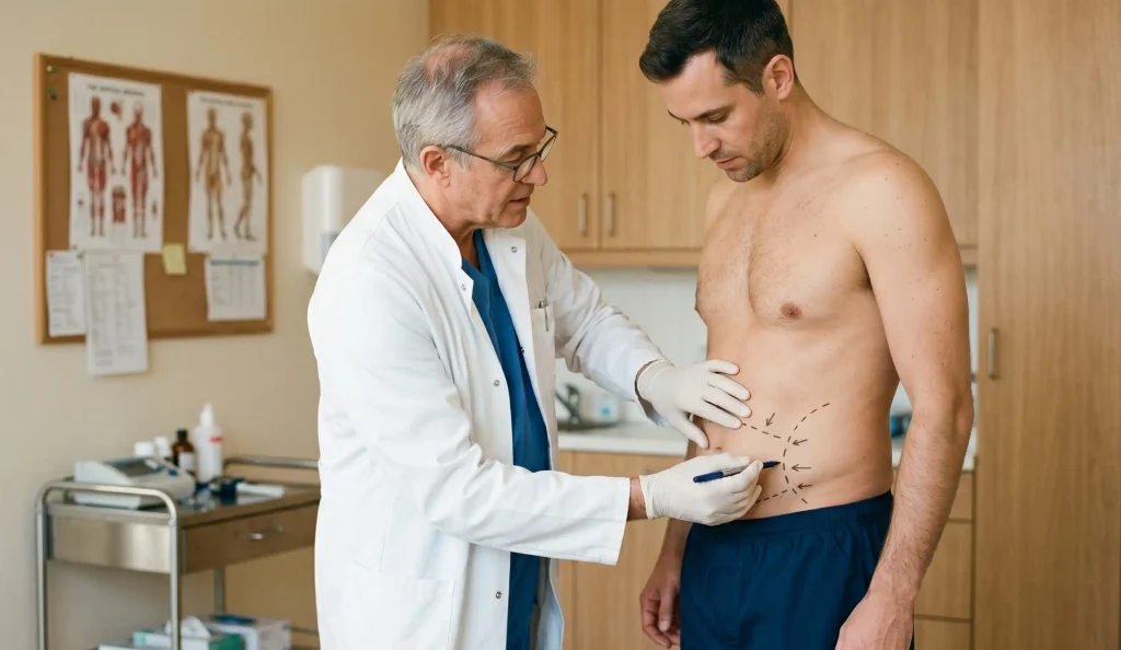 doctor examinând abdomenul unui pacient masculin înainte de liposucție