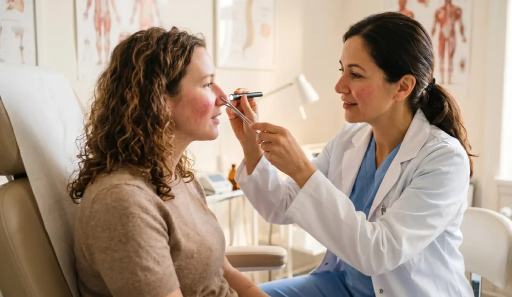 medico che esamina la struttura nasale di un paziente con rosacea