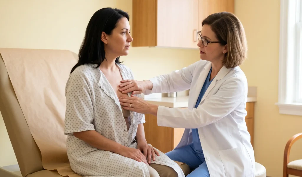 medico che esamina impianti mammari del paziente