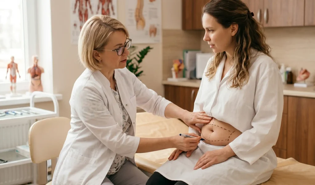 Arzt untersucht den Bauch eines Patienten wegen Bauchstraffung