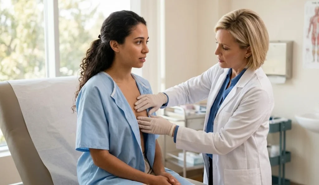 Arzt untersucht Patientinnenbrüste in der Klinik