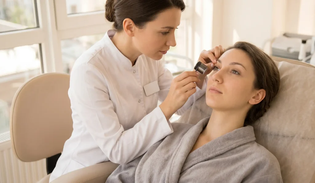 Arzt untersucht Wimpern zum Anheben