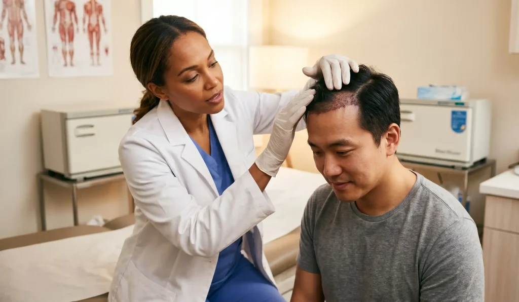 medico che esamina il cuoio capelluto dei pazienti dopo il trapianto di capelli