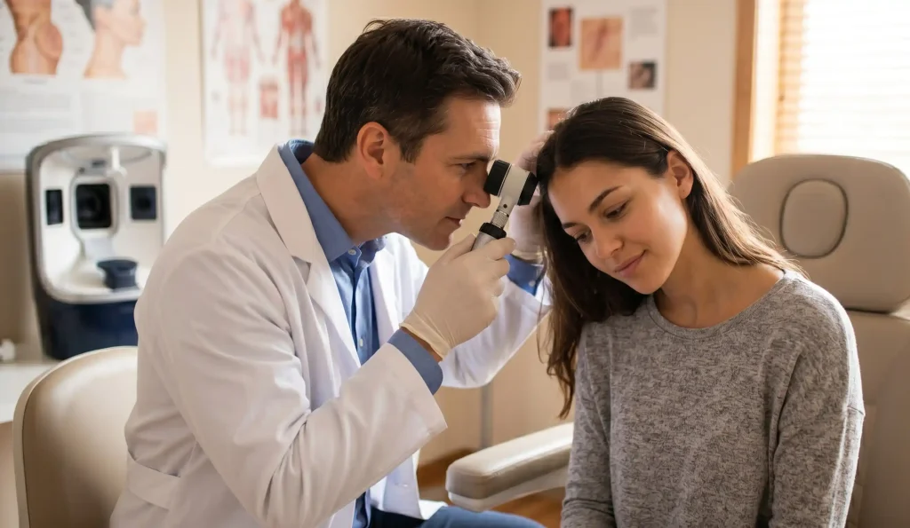 doctor examining patients scalp using a dermatoscope