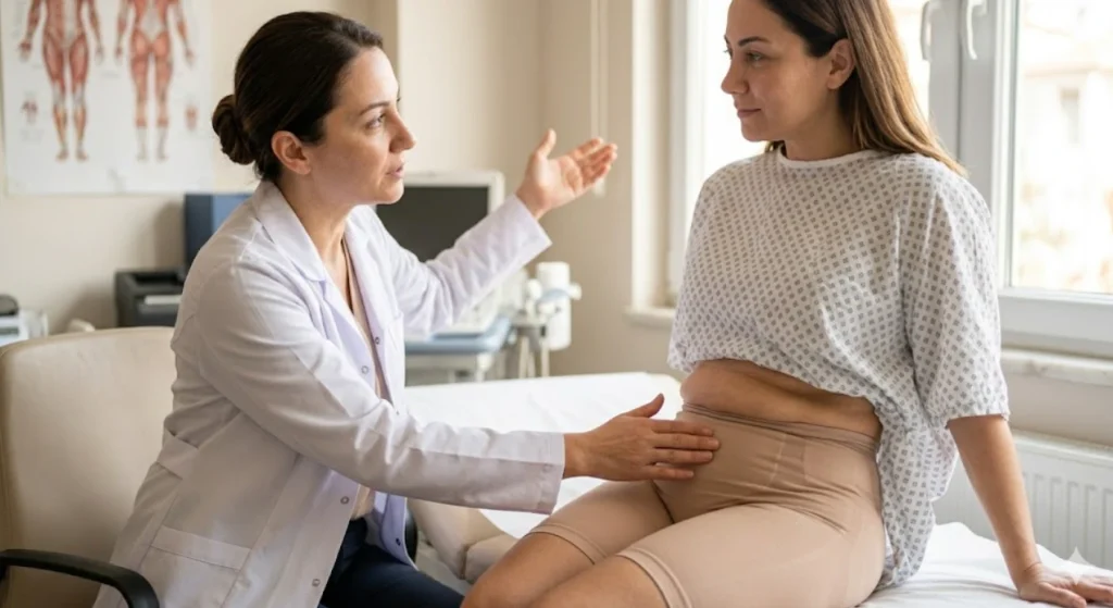doctor examining post operative area of patient at clinic