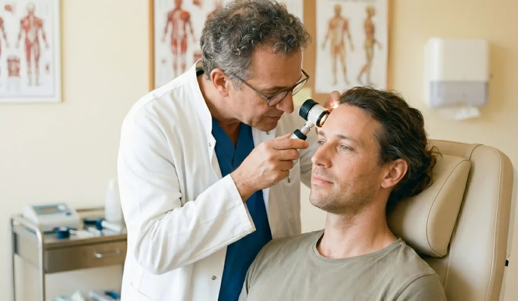 doctor examinând scalp cu trichoscop