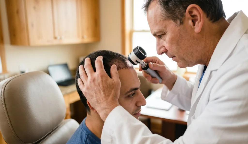 Arzt untersucht die Kopfhaut eines Patienten einen Monat nach Haartransplantation