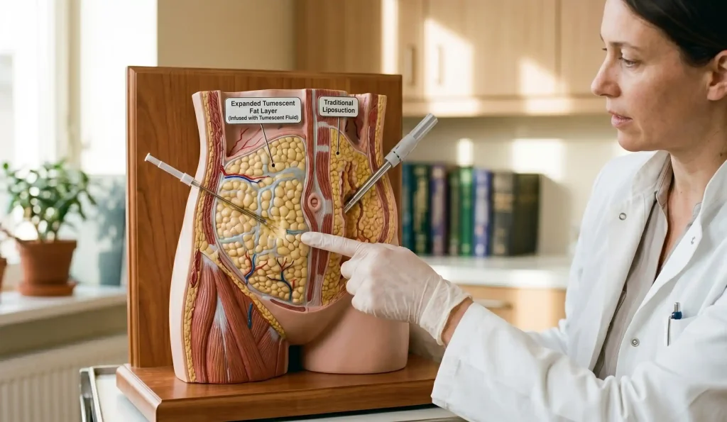 doctor explicând modelul anatomic comparativ al metodelor de liposucție