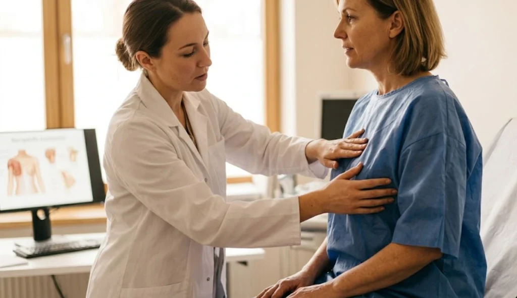 Arzt untersucht sanft das Brustgewebe der Patientin