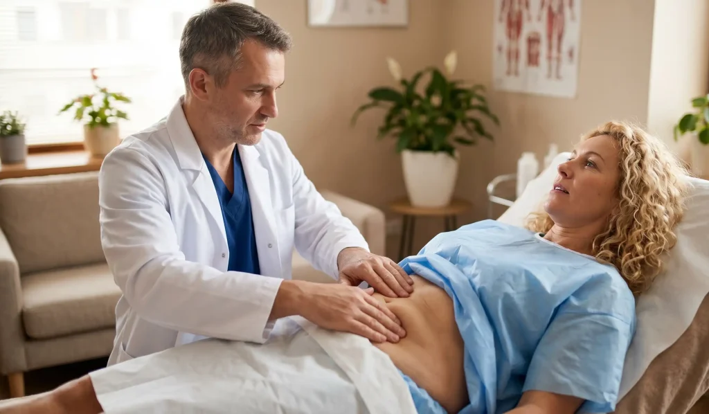 Arzt palpiert beim Untersuchung die lockere Bauchhaut des Patienten