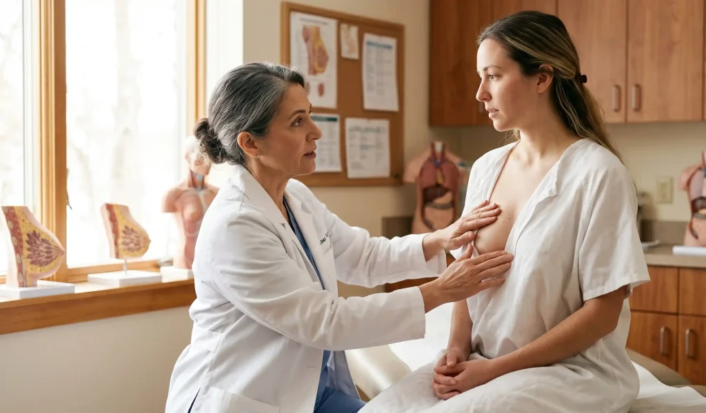 doctor palpating patients breast for implant examination in clinic