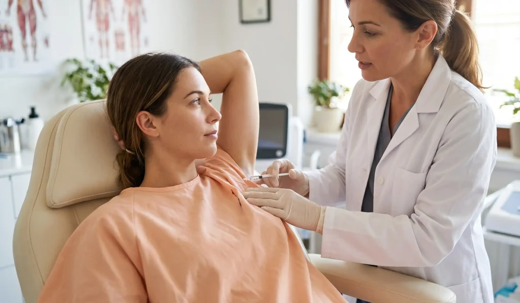medic efectuând injectare de botox în zona subbrațului pacientului