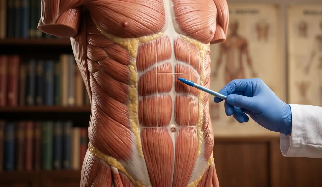 medico che indica un modello realistico dei muscoli addominali