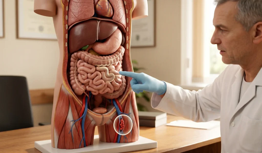 medico che punta a modello anatomico spiegando i rischi del volo post-operatorio