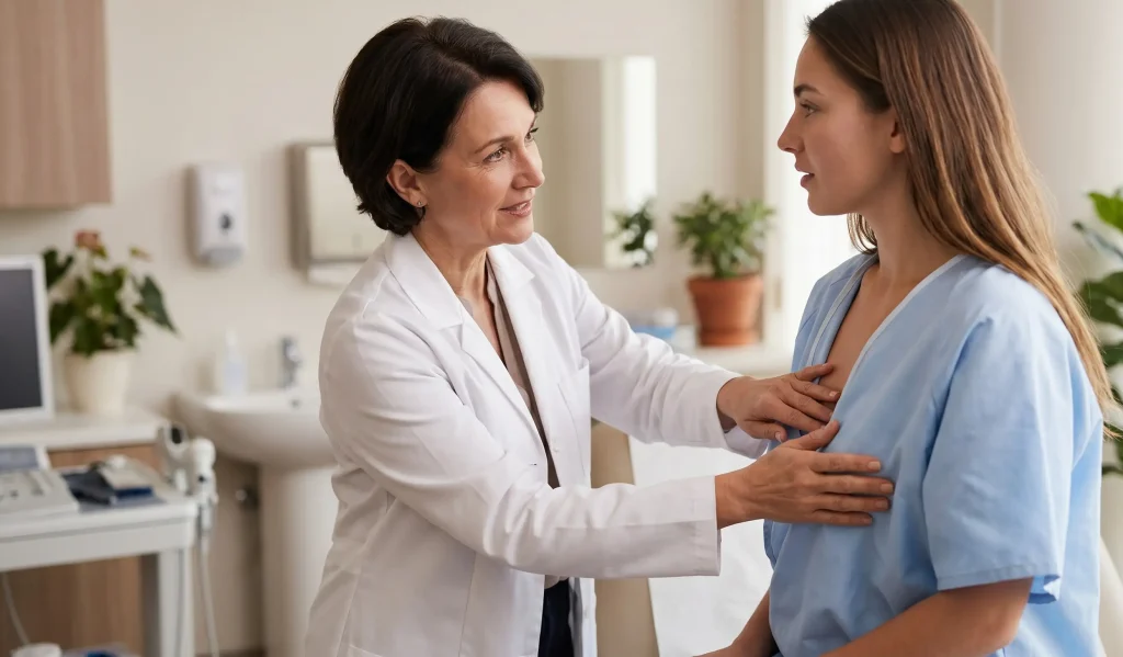 plastic surgeon examining female patients breasts