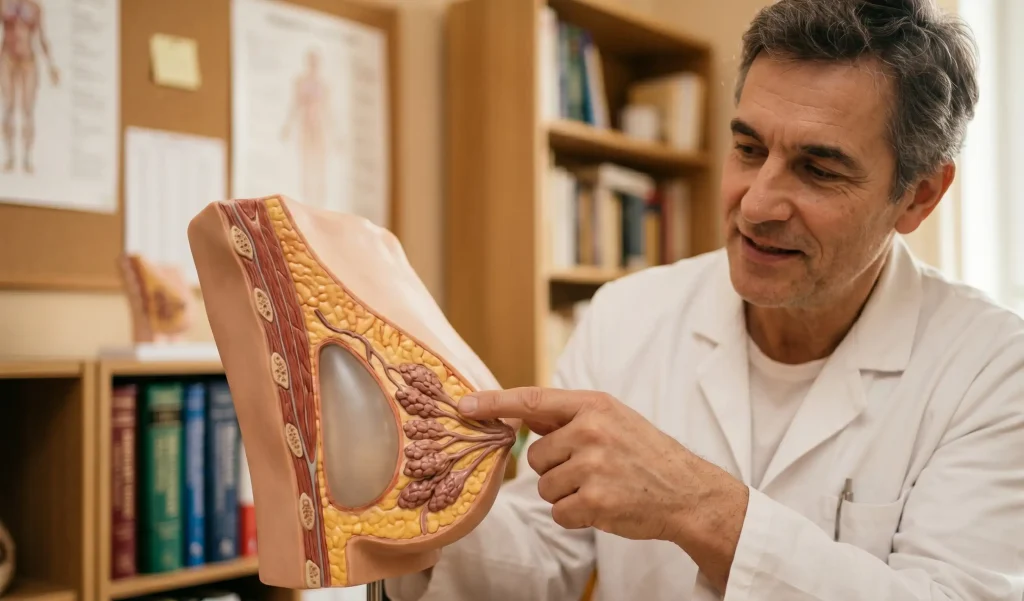 realistic 3d model showing breast anatomy implant and milk ducts
