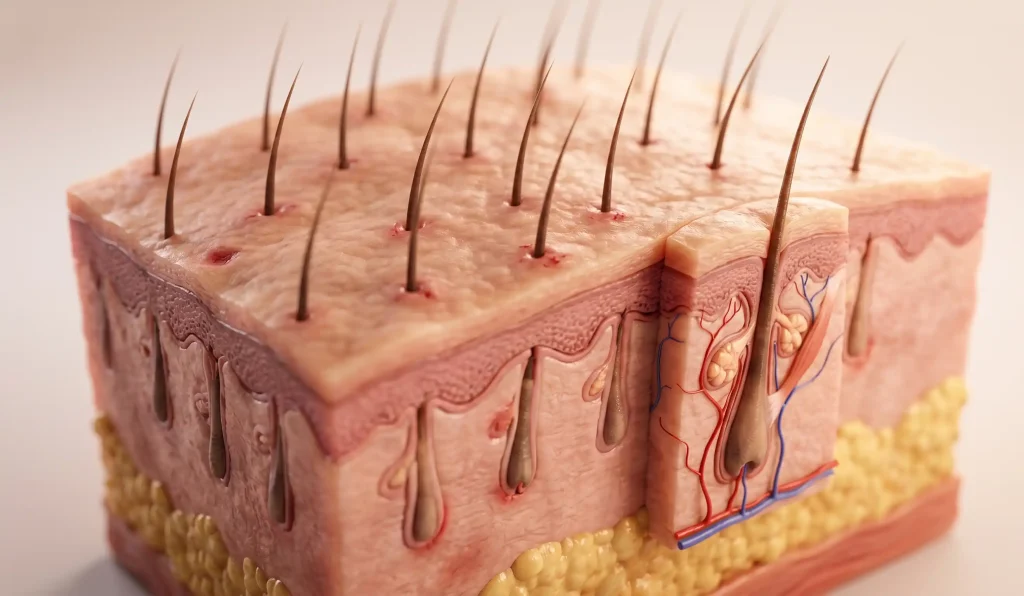 modello 3D realistico che mostra gli strati del cuoio capelluto e i trapianti in guarigione