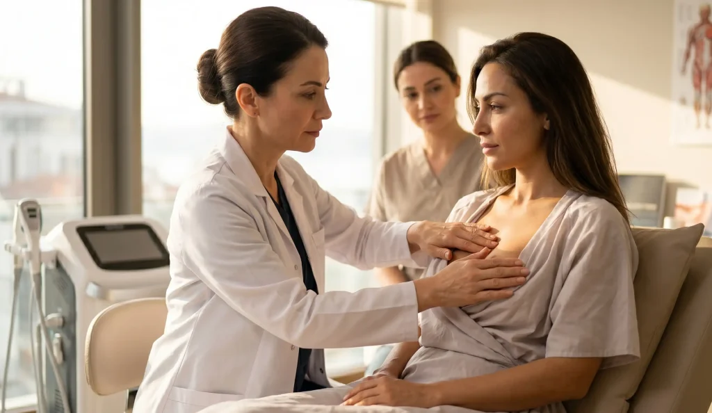 surgeon gently palpating patient breast tissue