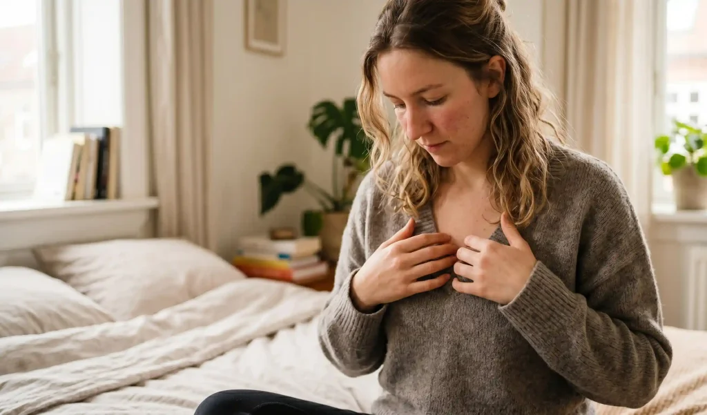 woman at home checking breast changes